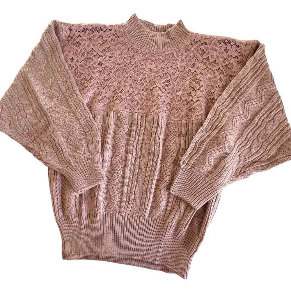 Vintage Together Dusty Pink Lace Knit Ribbed Sweater Women’s Small Modest Retro